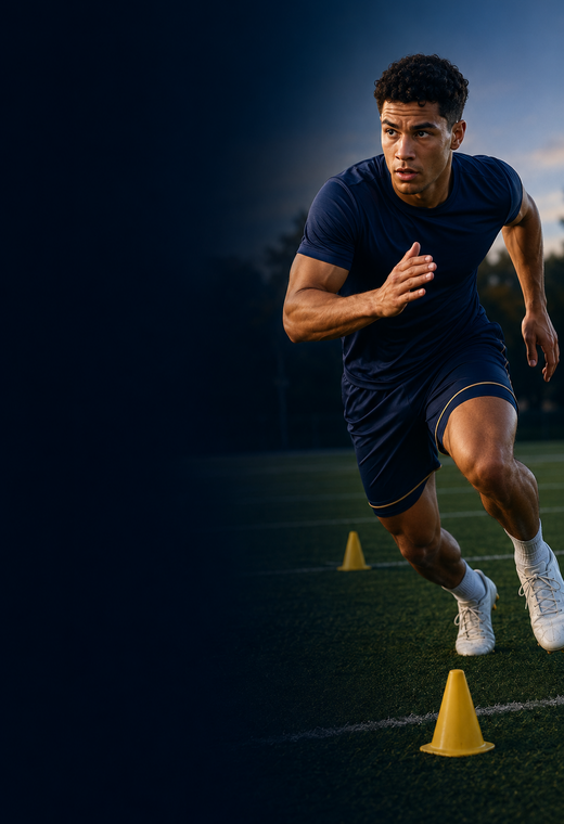 Athlete sprinting through a field agility drill